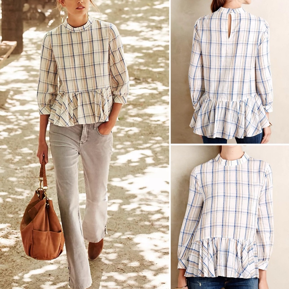 Anthropologie Maeve Sava Swing Top in Plaid Print White Blue Women's Size 4